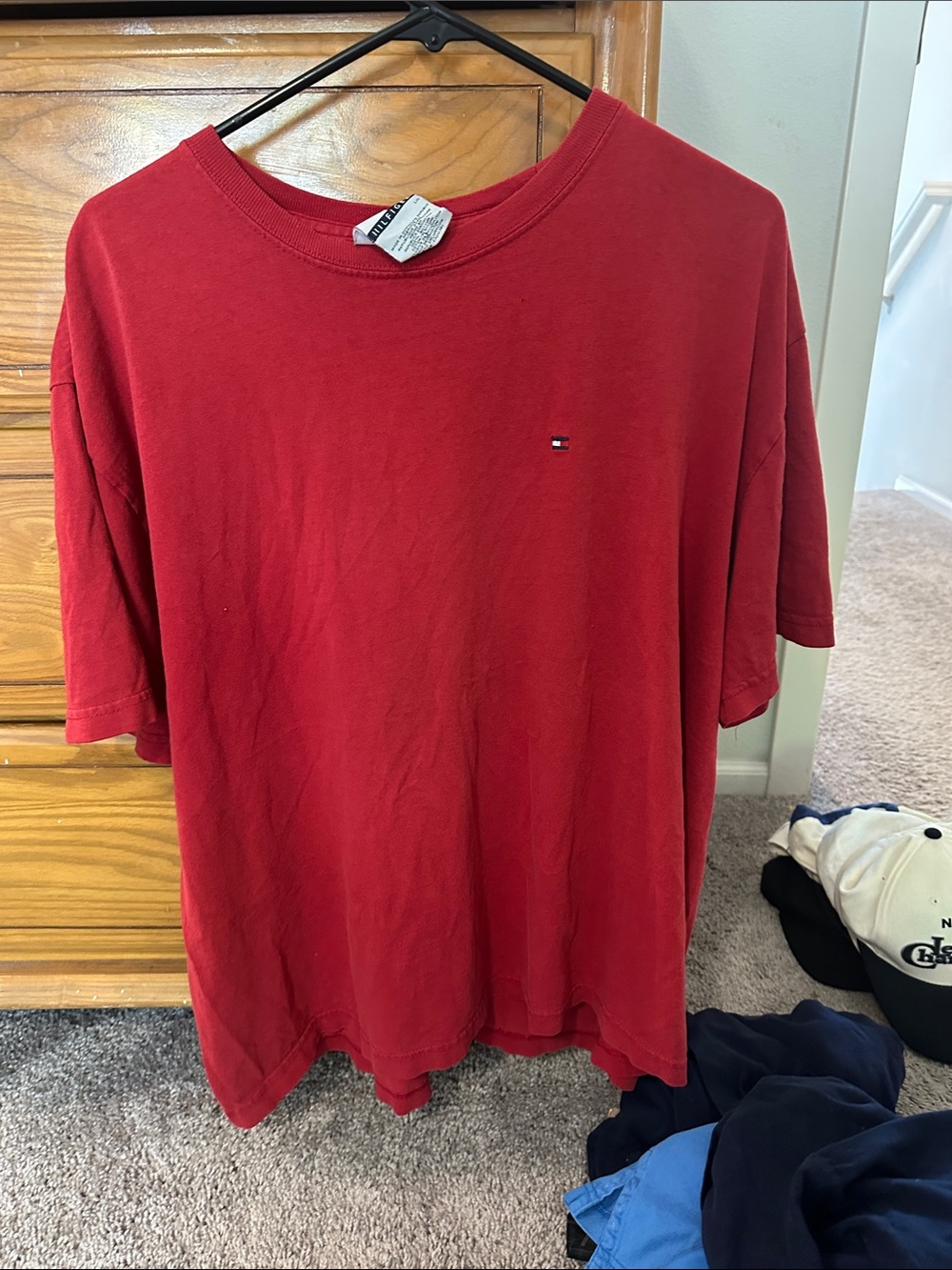 Tommy Hilfiger Men's Solid Red Crew Tee with Flag Logo